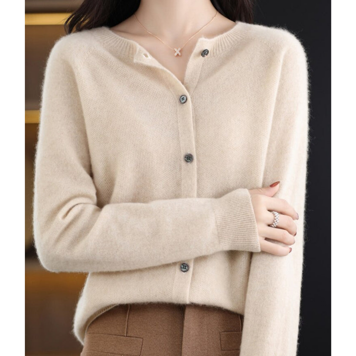 Crew Neck Button Cardigan with Soft Feel and Long Sleeves for Women