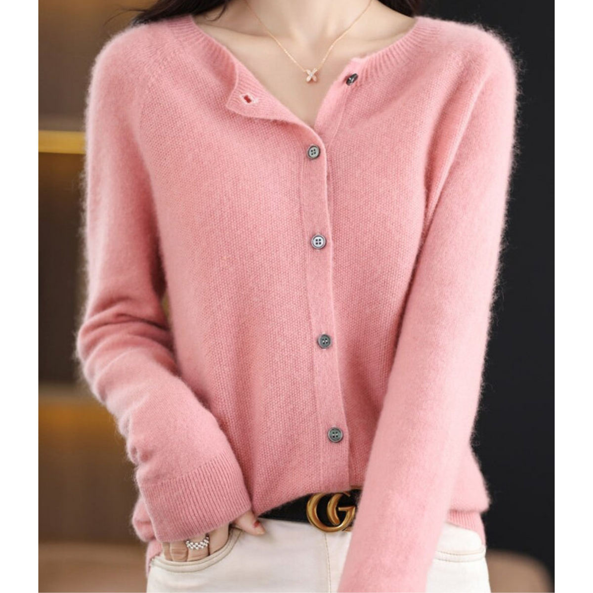Crew Neck Button Cardigan with Soft Feel and Long Sleeves for Women