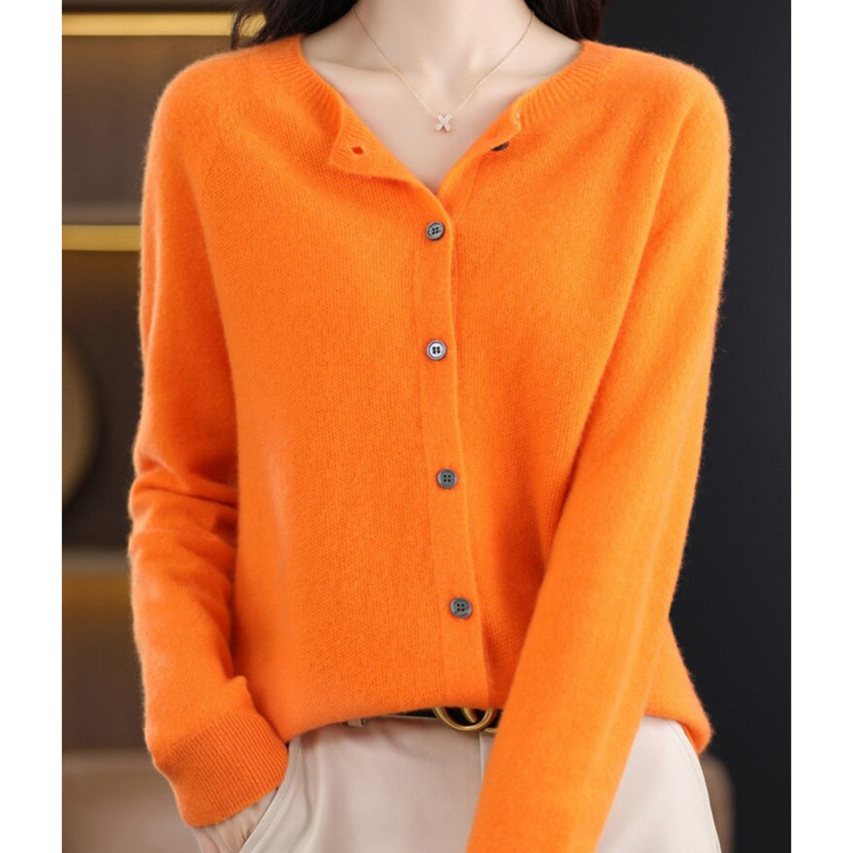Crew Neck Button Cardigan with Soft Feel and Long Sleeves for Women