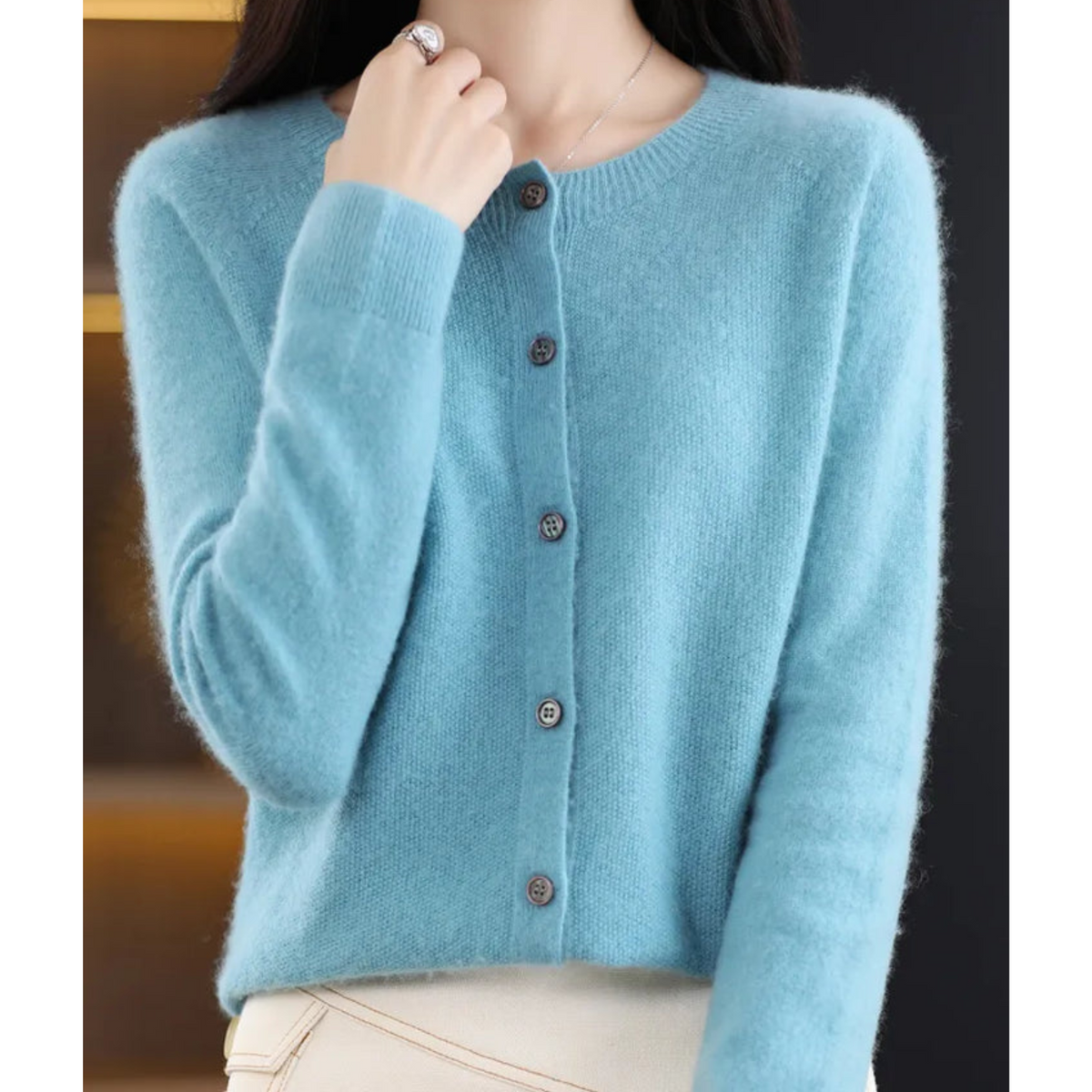 Crew Neck Button Cardigan with Soft Feel and Long Sleeves for Women