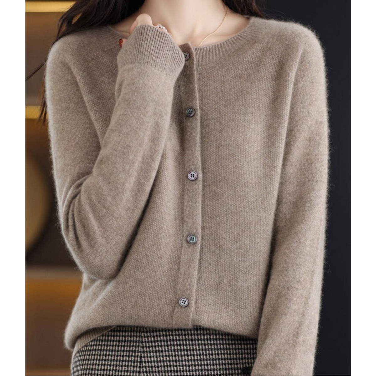 Crew Neck Button Cardigan with Soft Feel and Long Sleeves for Women