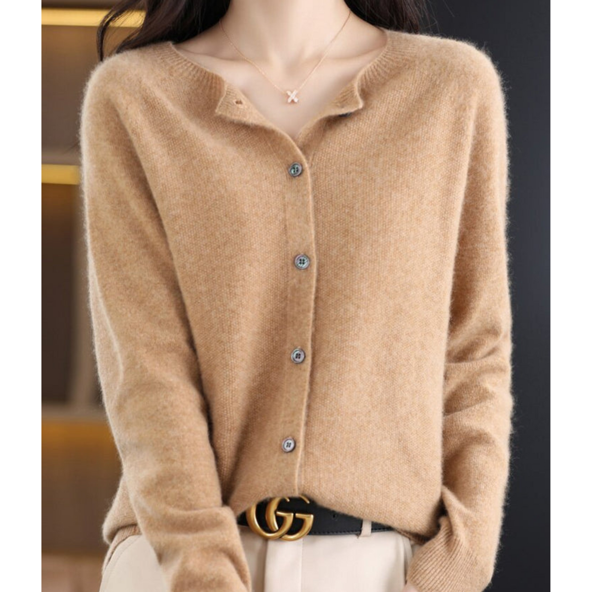 Crew Neck Button Cardigan with Soft Feel and Long Sleeves for Women