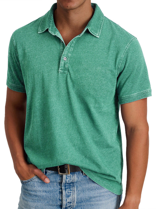 Short Sleeve Polo Shirt with Washed Effect and Button Placket for Men