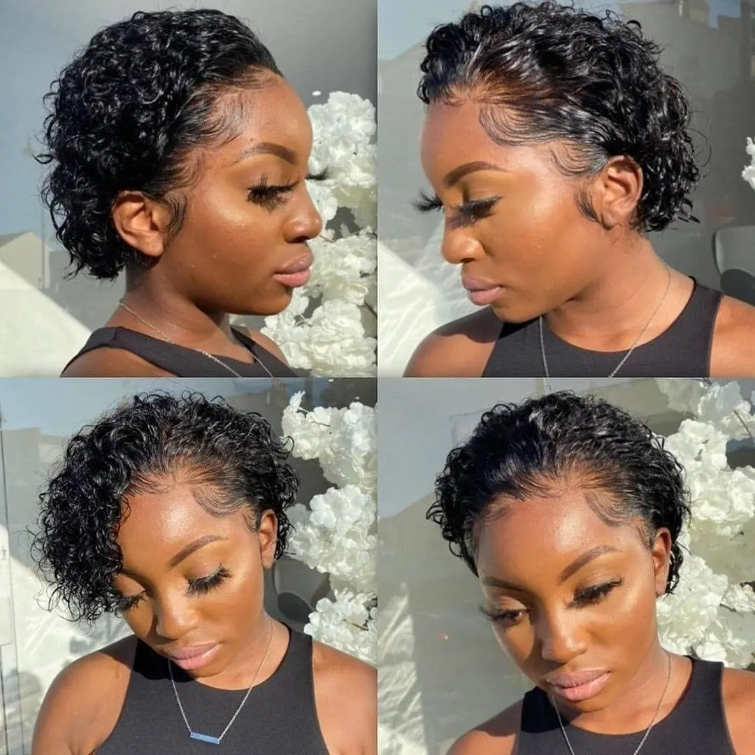 Perruques courtes bouclées cheveux humains coupe lutin