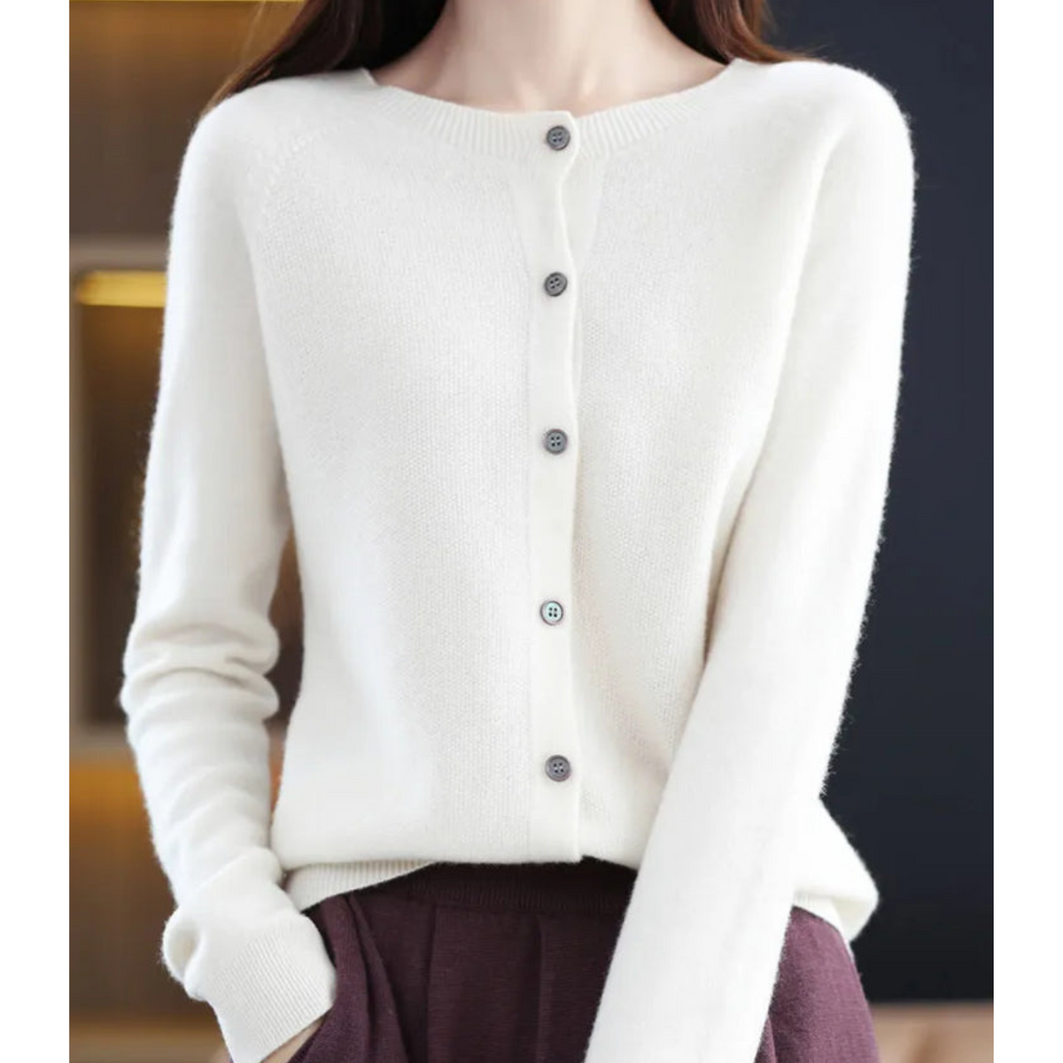 Crew Neck Button Cardigan with Soft Feel and Long Sleeves for Women