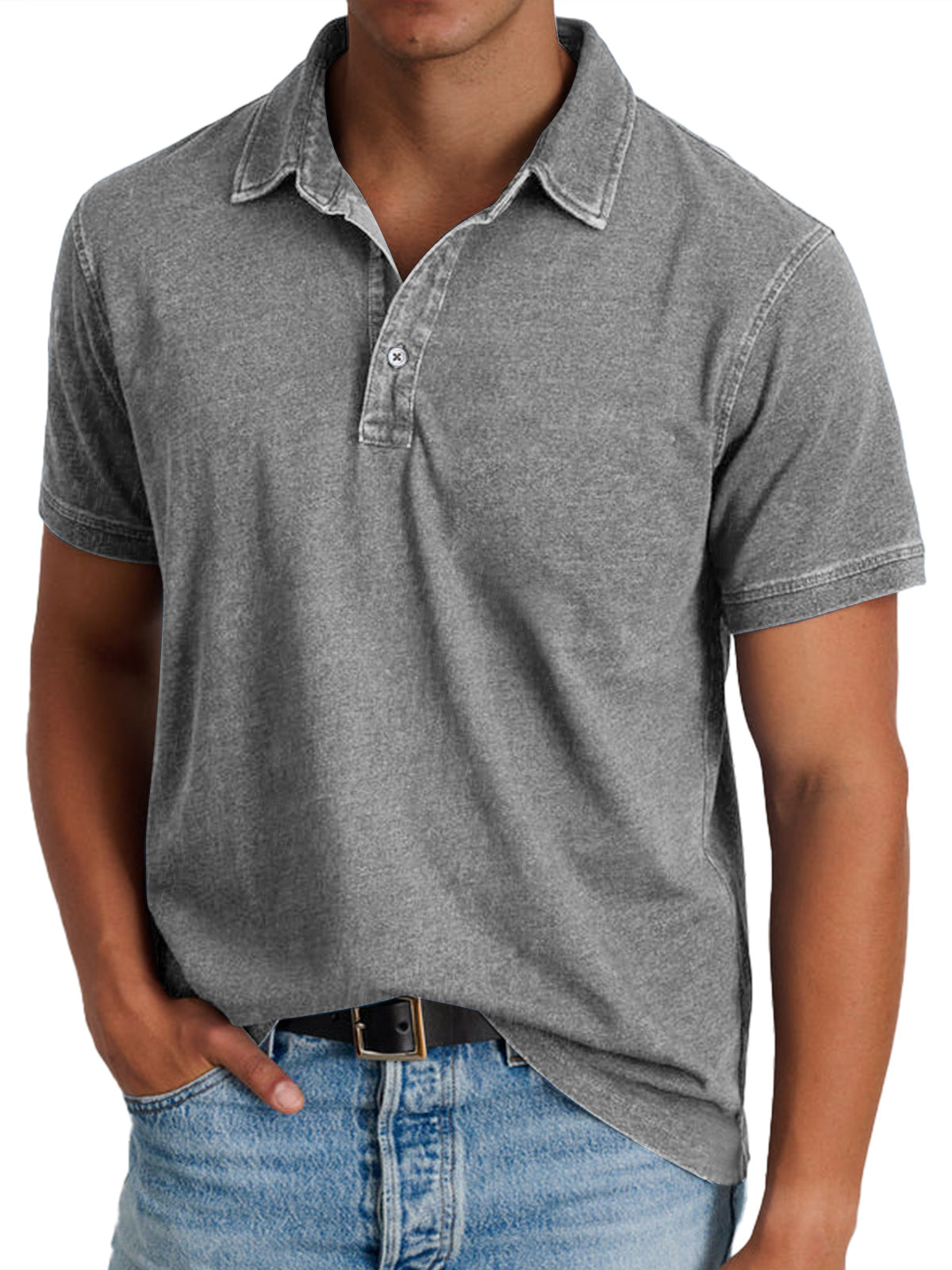 Short Sleeve Polo Shirt with Washed Effect and Button Placket for Men