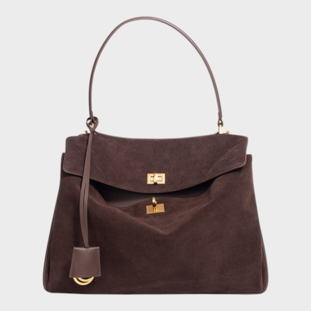 Structured Top Handle Bag with Turn Lock Flap and Long Strap for Women
