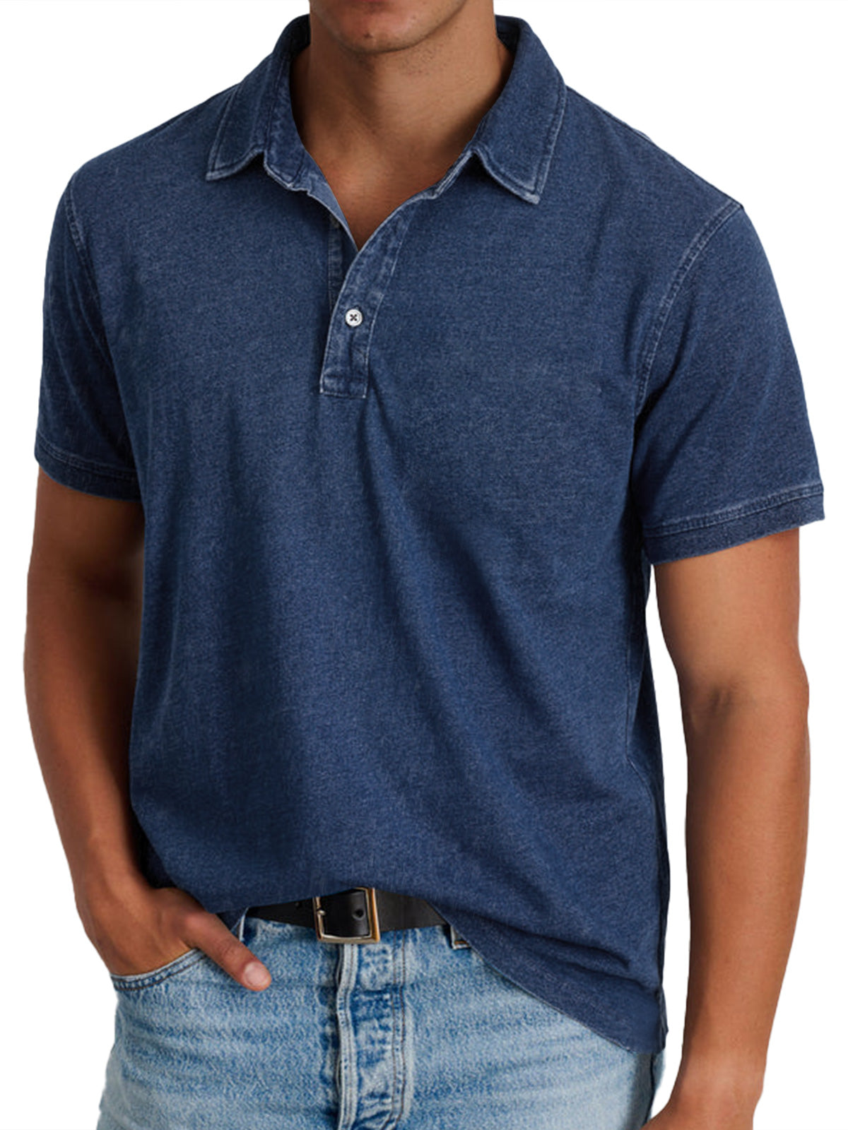 Short Sleeve Polo Shirt with Washed Effect and Button Placket for Men