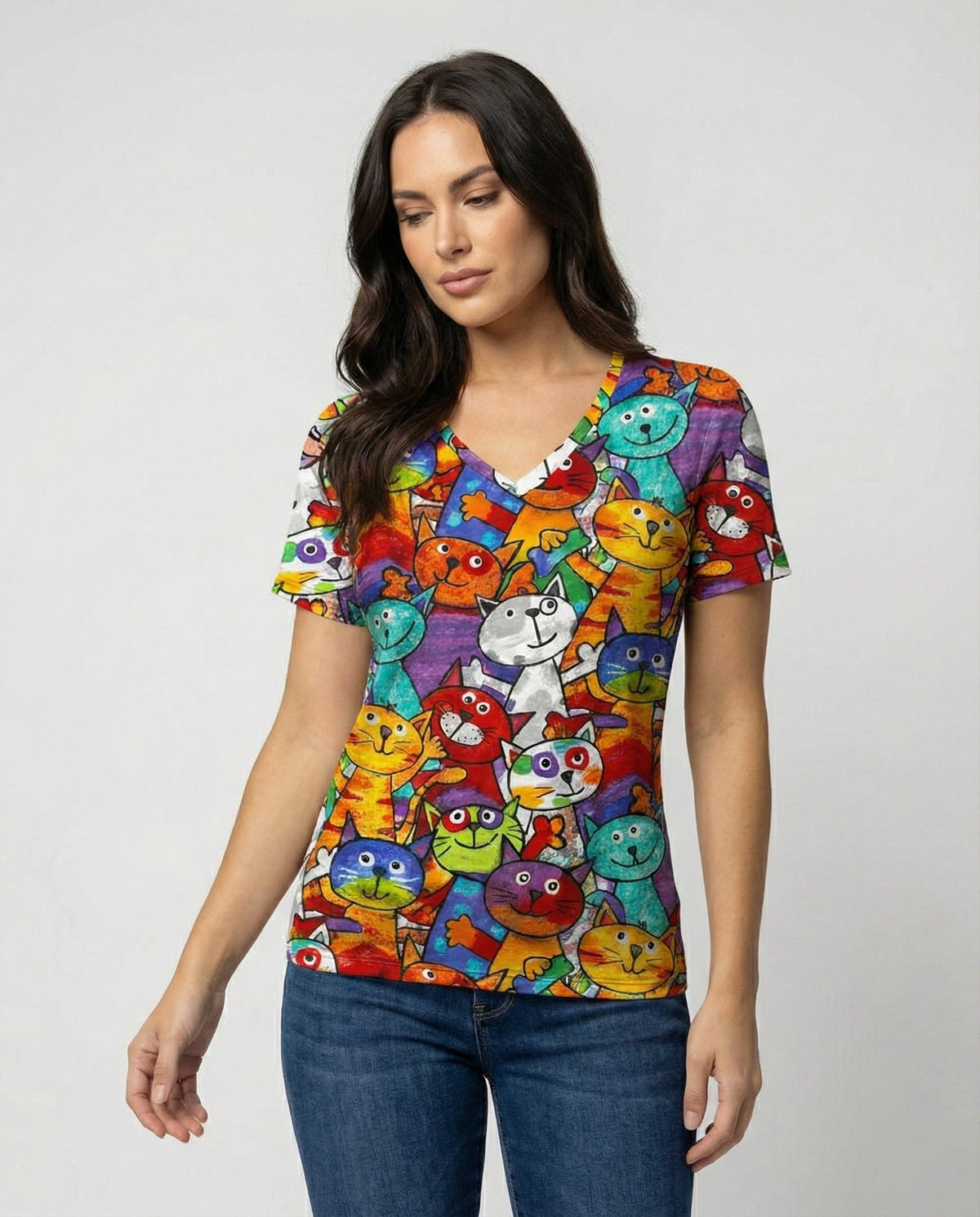 T-shirt confortevole con motivo di gatti colorati per donne