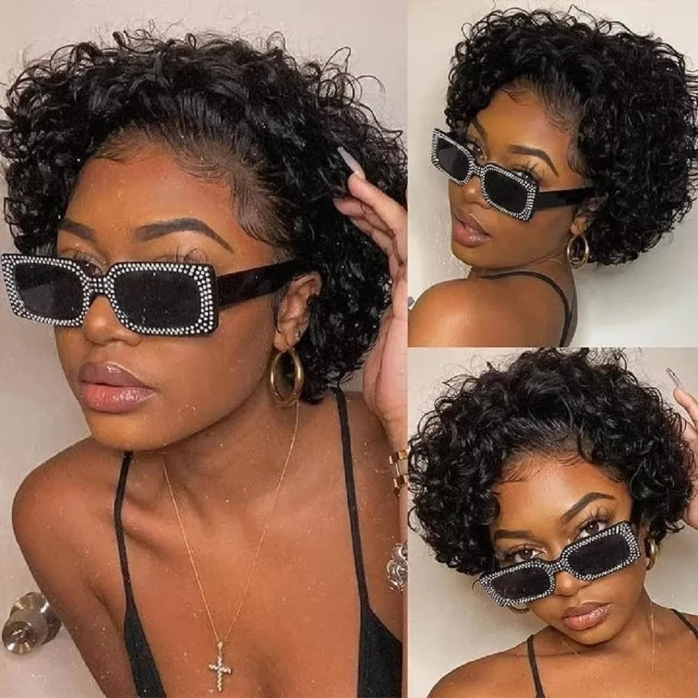 Perruques courtes bouclées cheveux humains coupe lutin