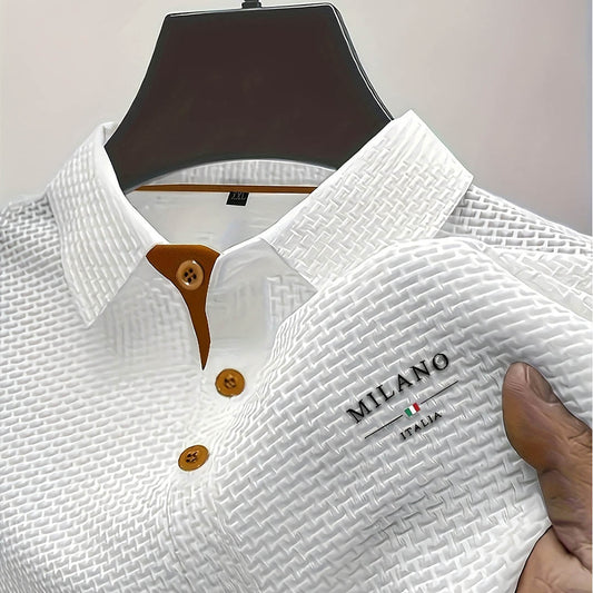 Long Sleeve Polo Shirt with Waffle Texture and Button Placket for Men