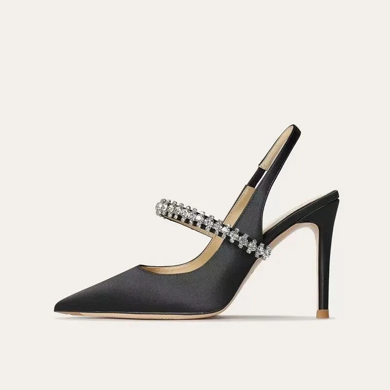 Pointed Toe Slingback Heels with Crystal Strap and Stiletto for Women
