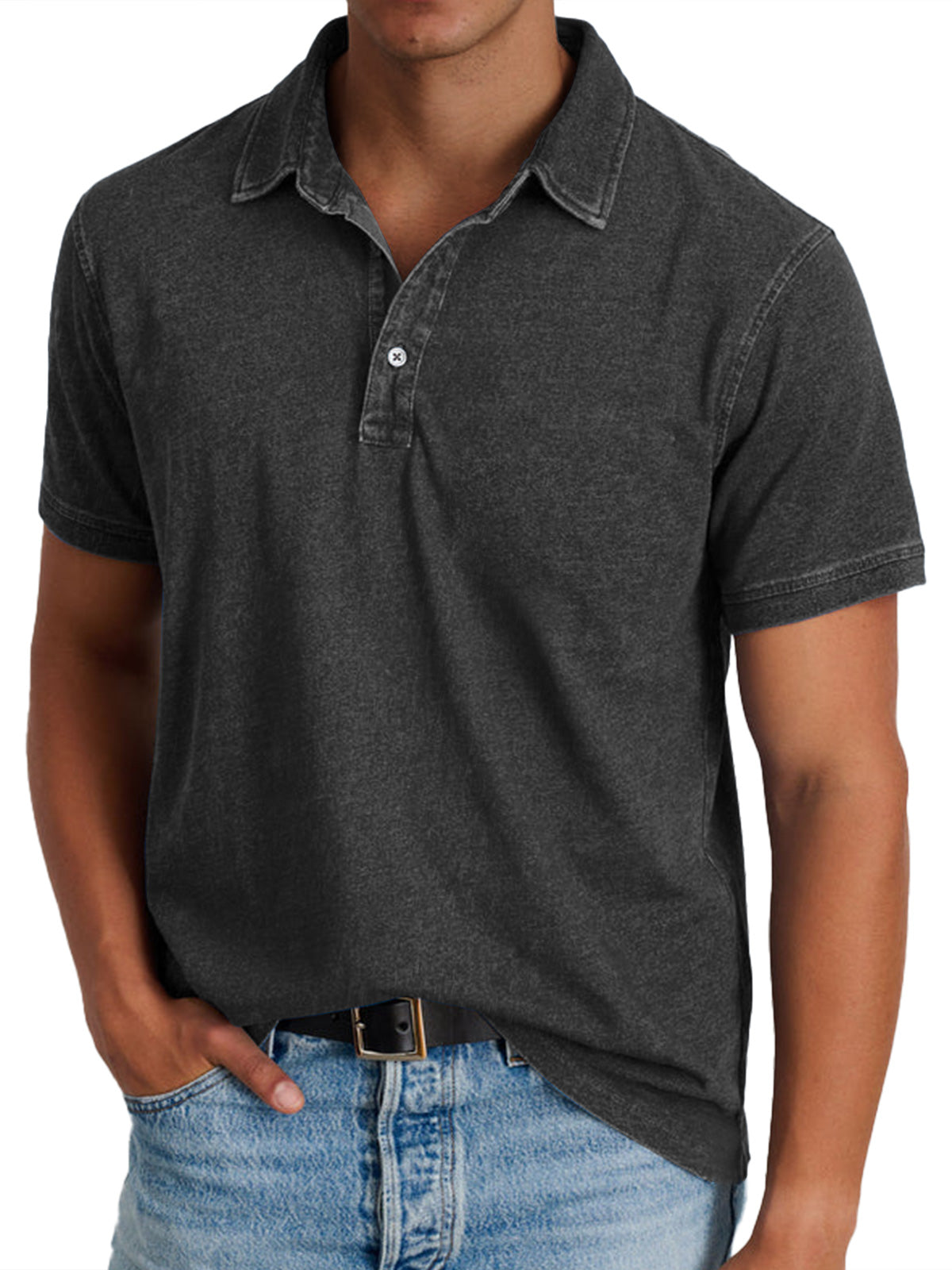 Short Sleeve Polo Shirt with Washed Effect and Button Placket for Men