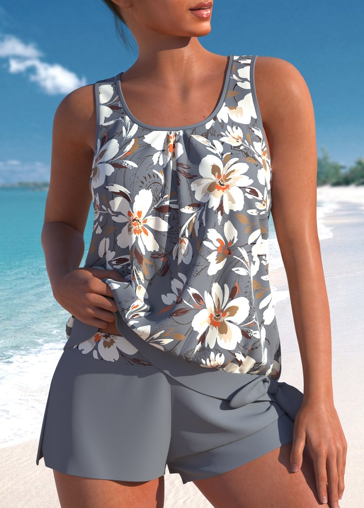 Leaf Print Blouson Tankini Set with Scoop Neck and Shorts for Women