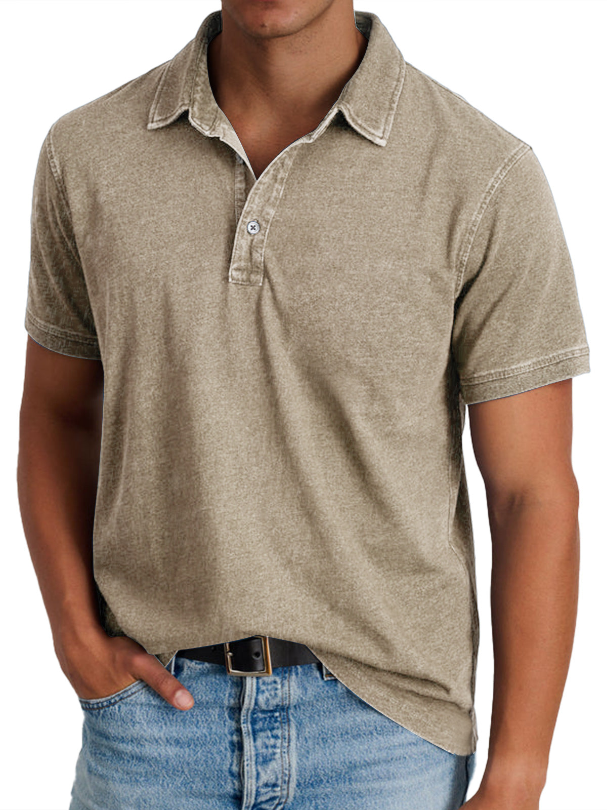 Short Sleeve Polo Shirt with Washed Effect and Button Placket for Men