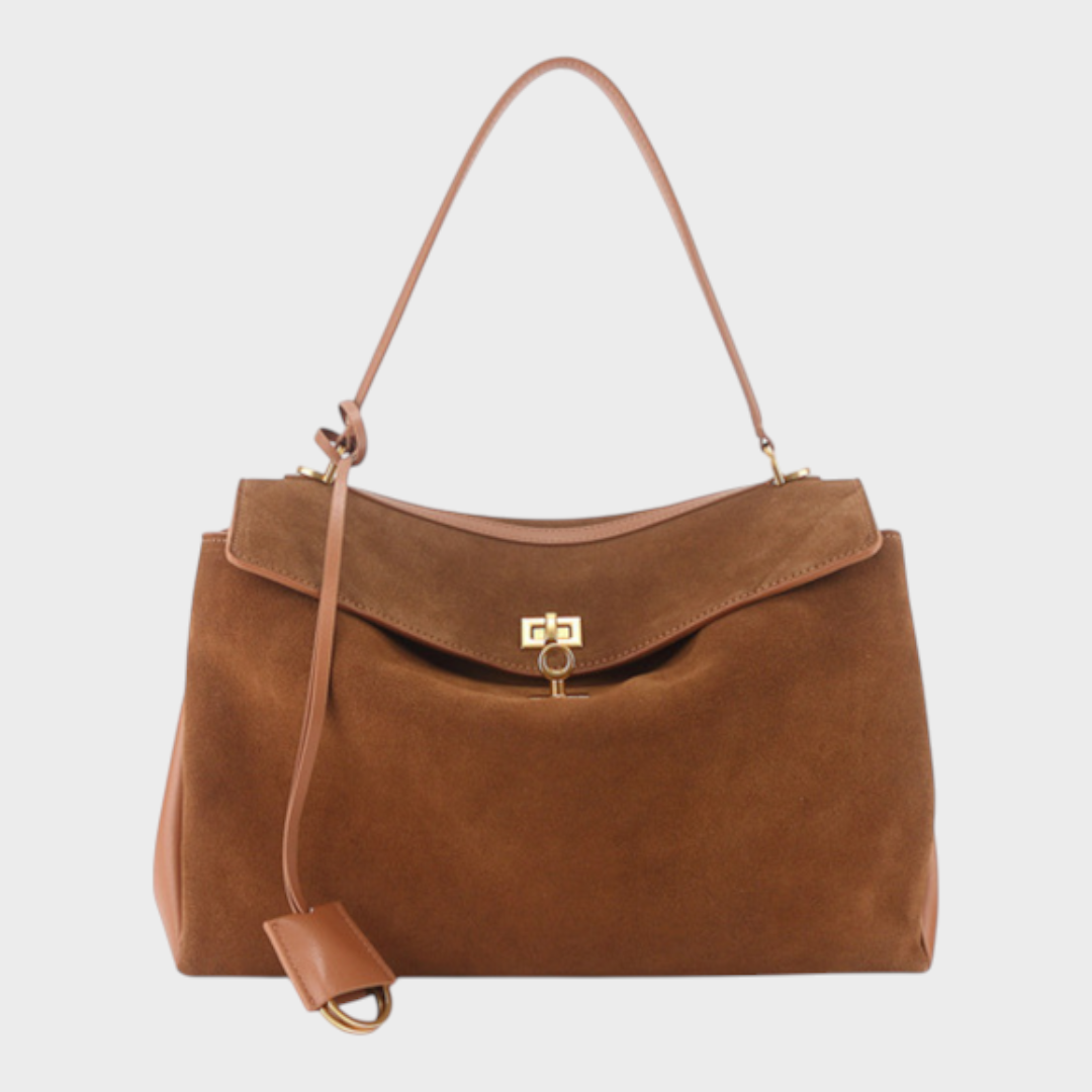 Structured Top Handle Bag with Turn Lock Flap and Long Strap for Women