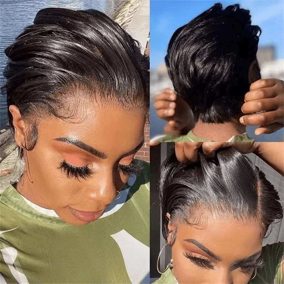 Perruque Cheveux Humains Coupe Pixie Cheveux Raides