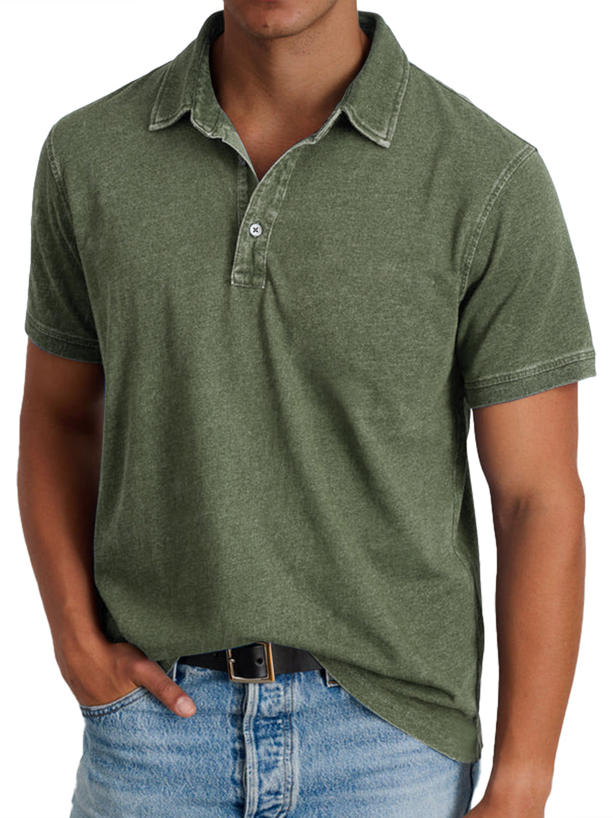 Short Sleeve Polo Shirt with Washed Effect and Button Placket for Men