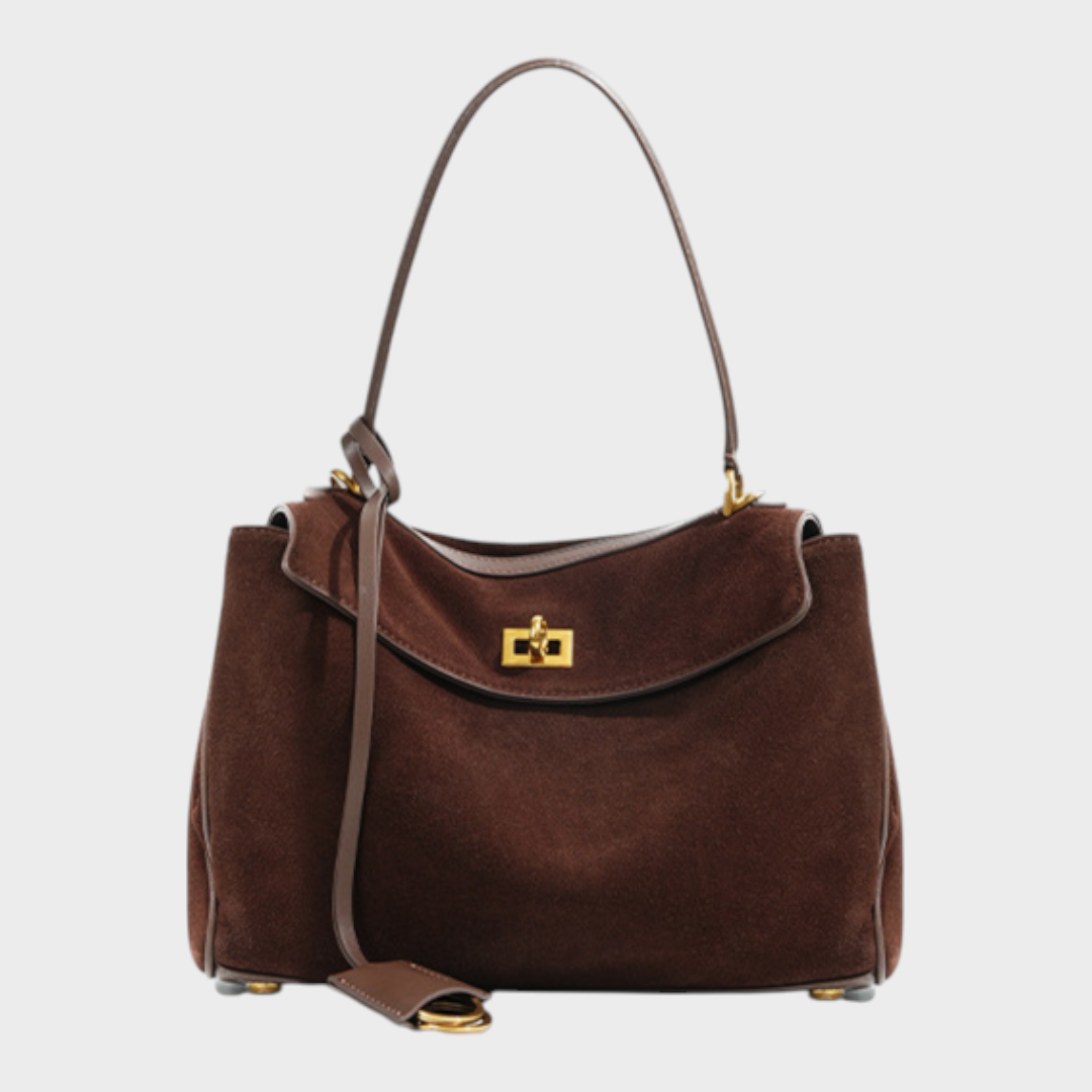 Structured Top Handle Bag with Turn Lock Flap and Long Strap for Women