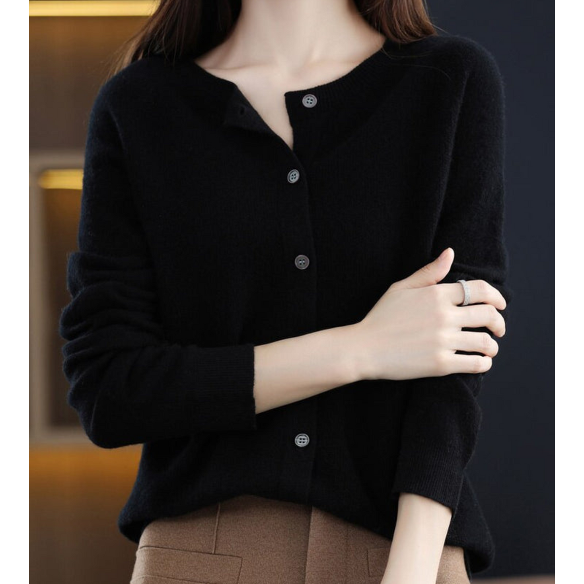 Crew Neck Button Cardigan with Soft Feel and Long Sleeves for Women