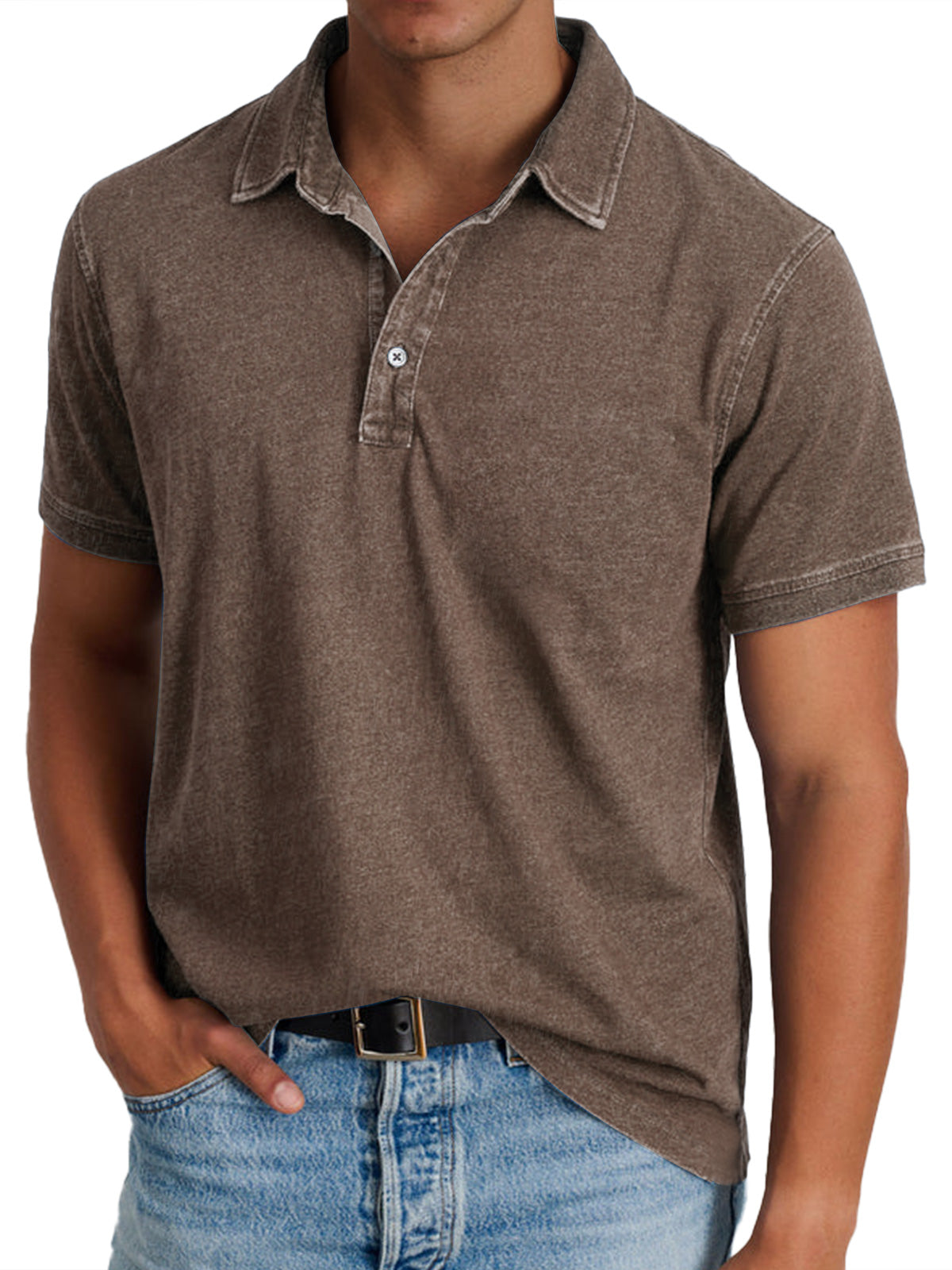 Short Sleeve Polo Shirt with Washed Effect and Button Placket for Men