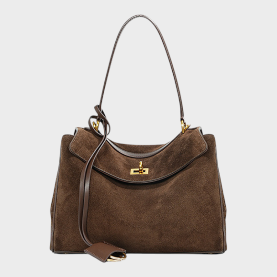 Structured Top Handle Bag with Turn Lock Flap and Long Strap for Women