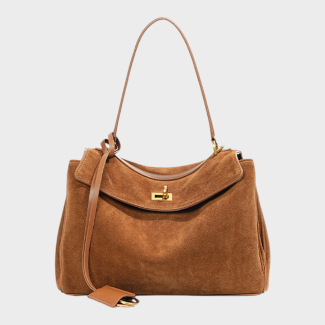 Structured Top Handle Bag with Turn Lock Flap and Long Strap for Women