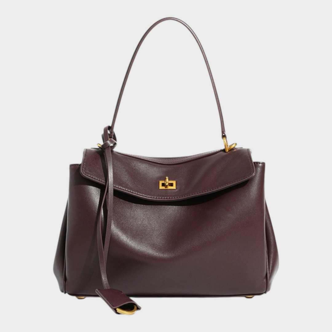 Structured Top Handle Bag with Turn Lock Flap and Long Strap for Women