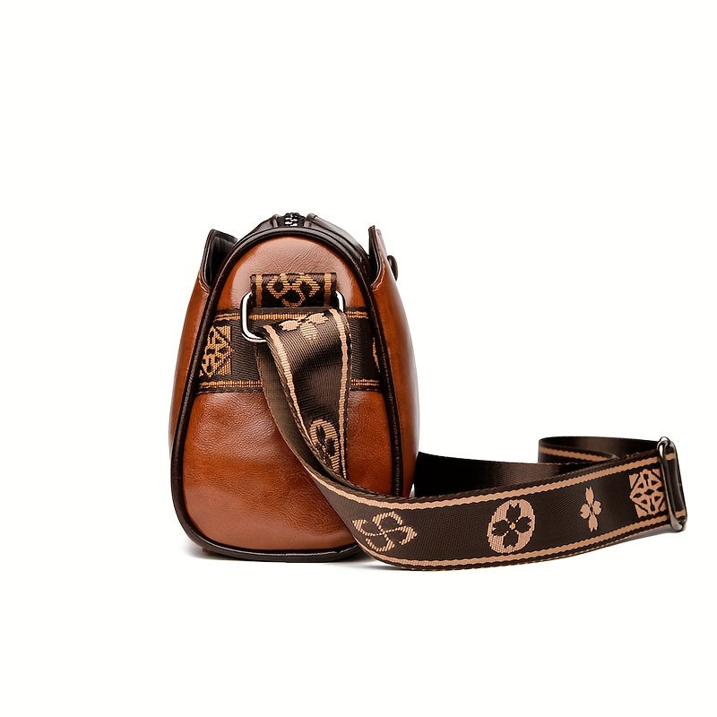 Barrel Crossbody Bag with Wide Patterned Strap and Zip Top for Women