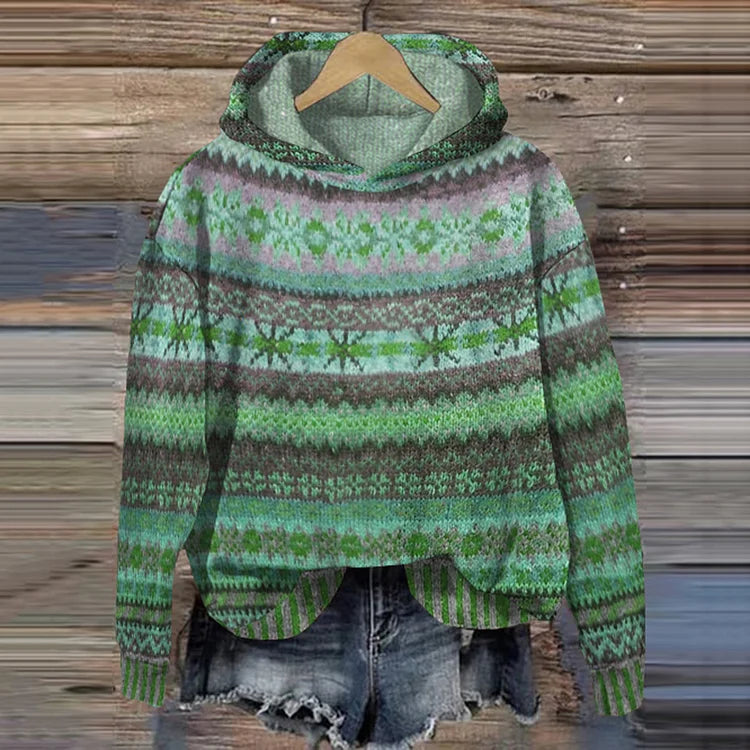 Folk Pattern Hooded Sweater with Drawstring Hood and Cuffs for Women