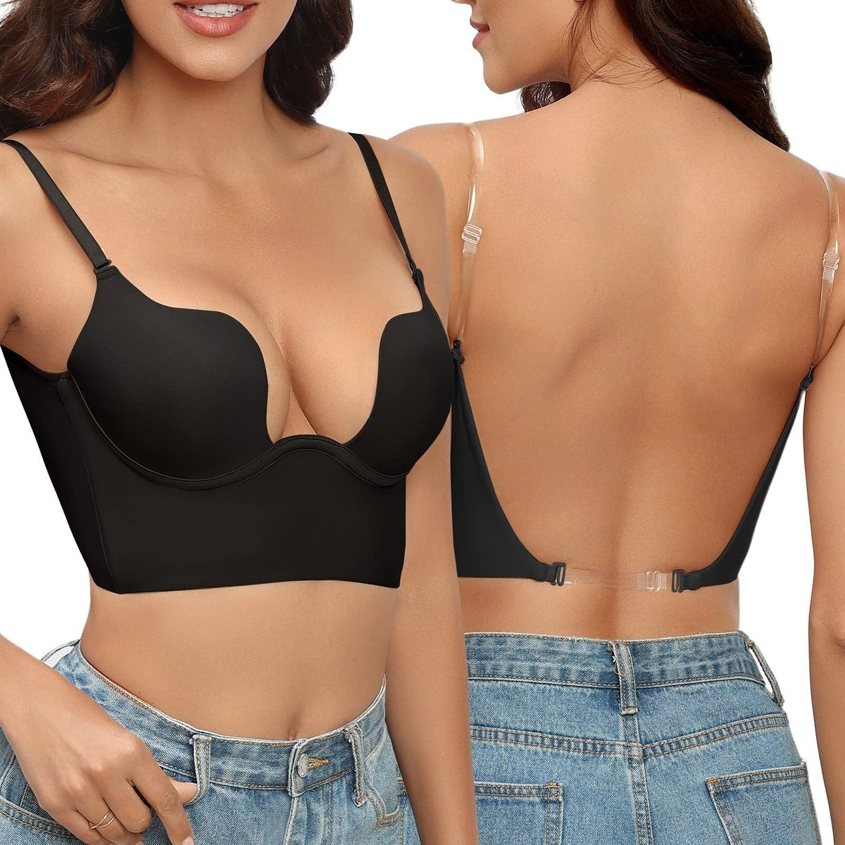 Plunge Backless Bra with Adjustable Straps and Soft Cups for Women