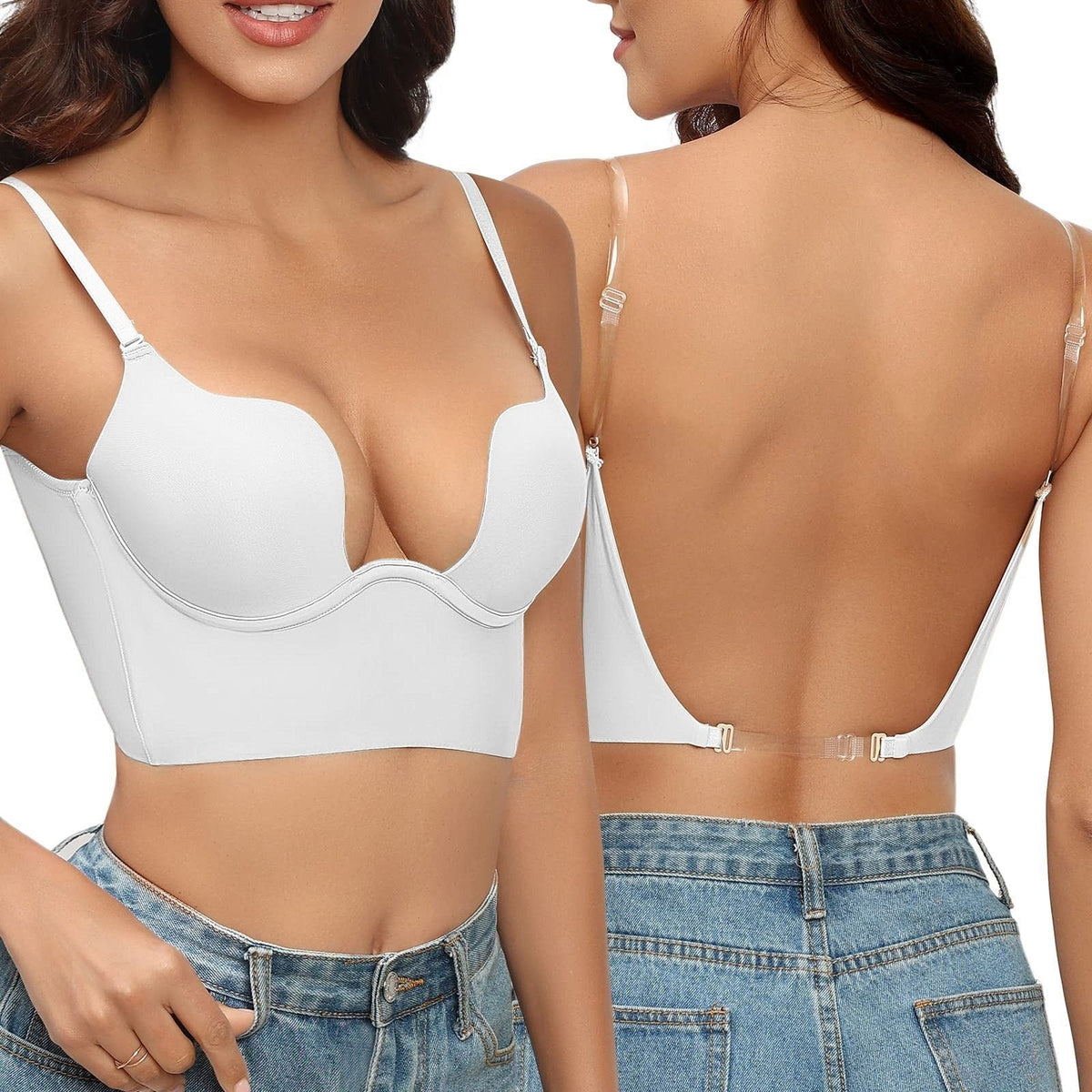 Plunge Backless Bra with Adjustable Straps and Soft Cups for Women