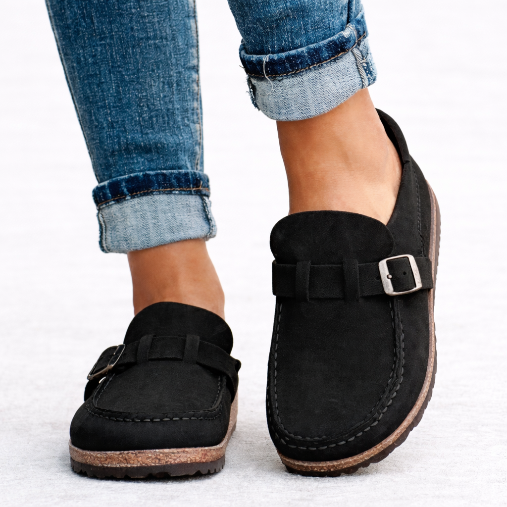 Closed Toe Clogs with Buckle Strap and Contoured Footbed for Women