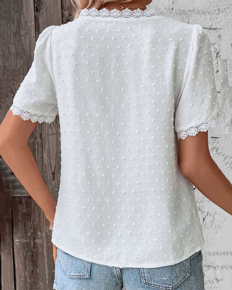 Dotted Texture Blouse with Openwork Trim and Short Sleeves for Women
