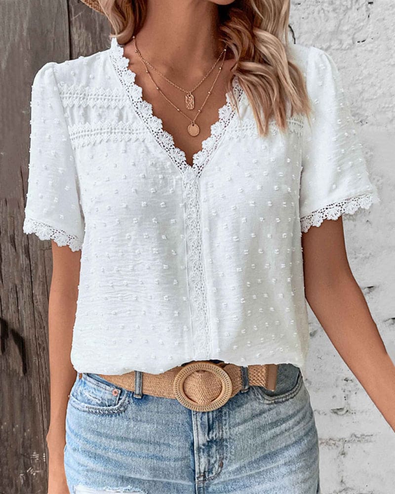 Dotted Texture Blouse with Openwork Trim and Short Sleeves for Women