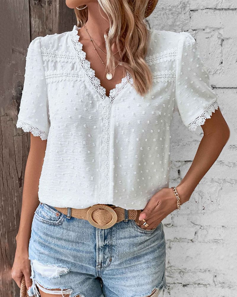 Dotted Texture Blouse with Openwork Trim and Short Sleeves for Women
