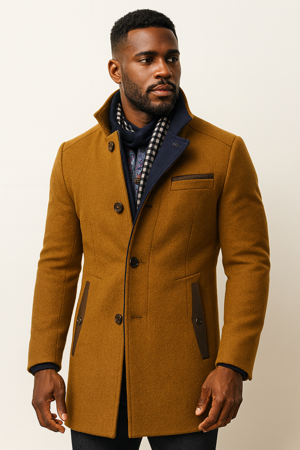 Stand Collar Overcoat with Layered Scarf Insert and Buttons for Men