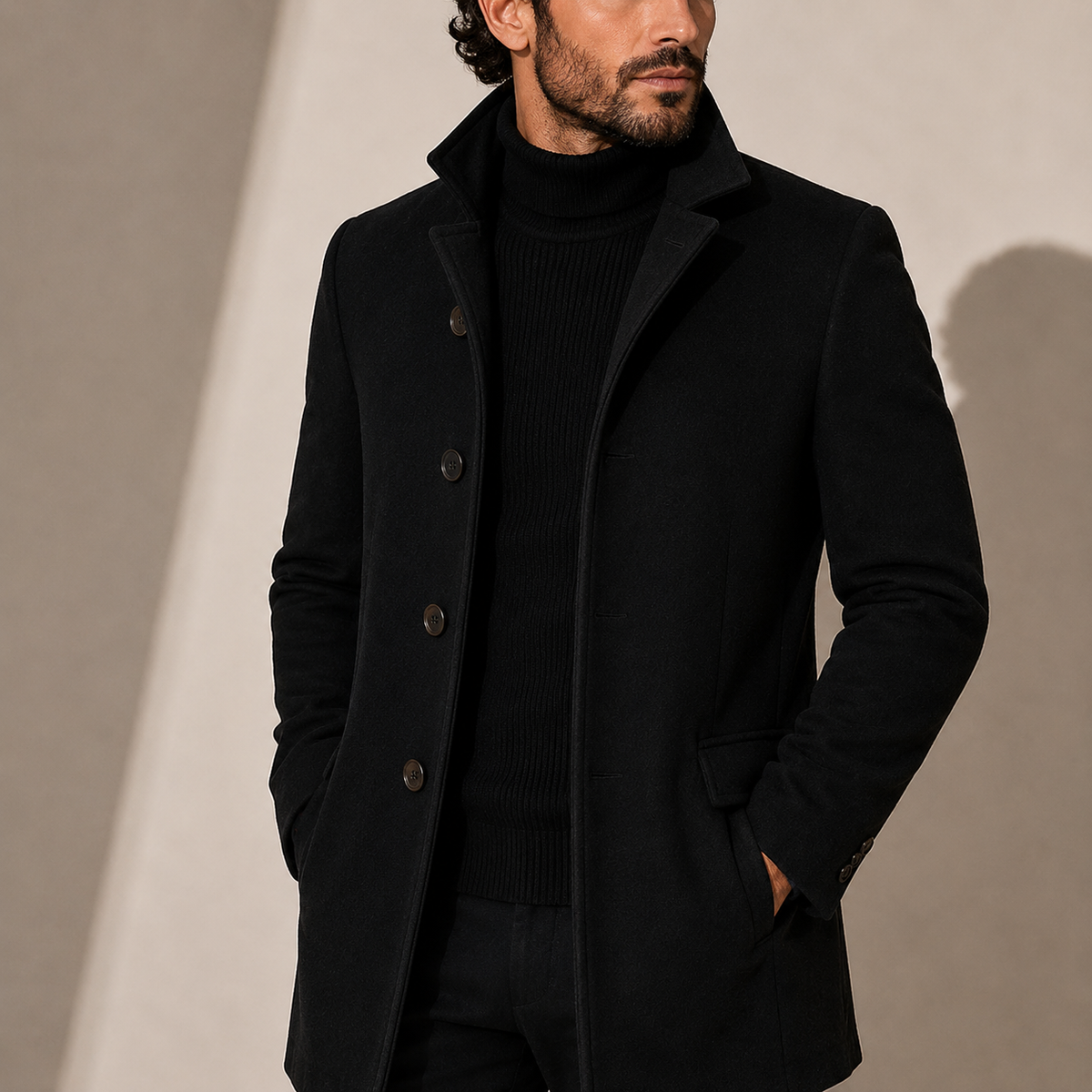 Single Breasted Overcoat with Notch Lapels and Button Front for Men