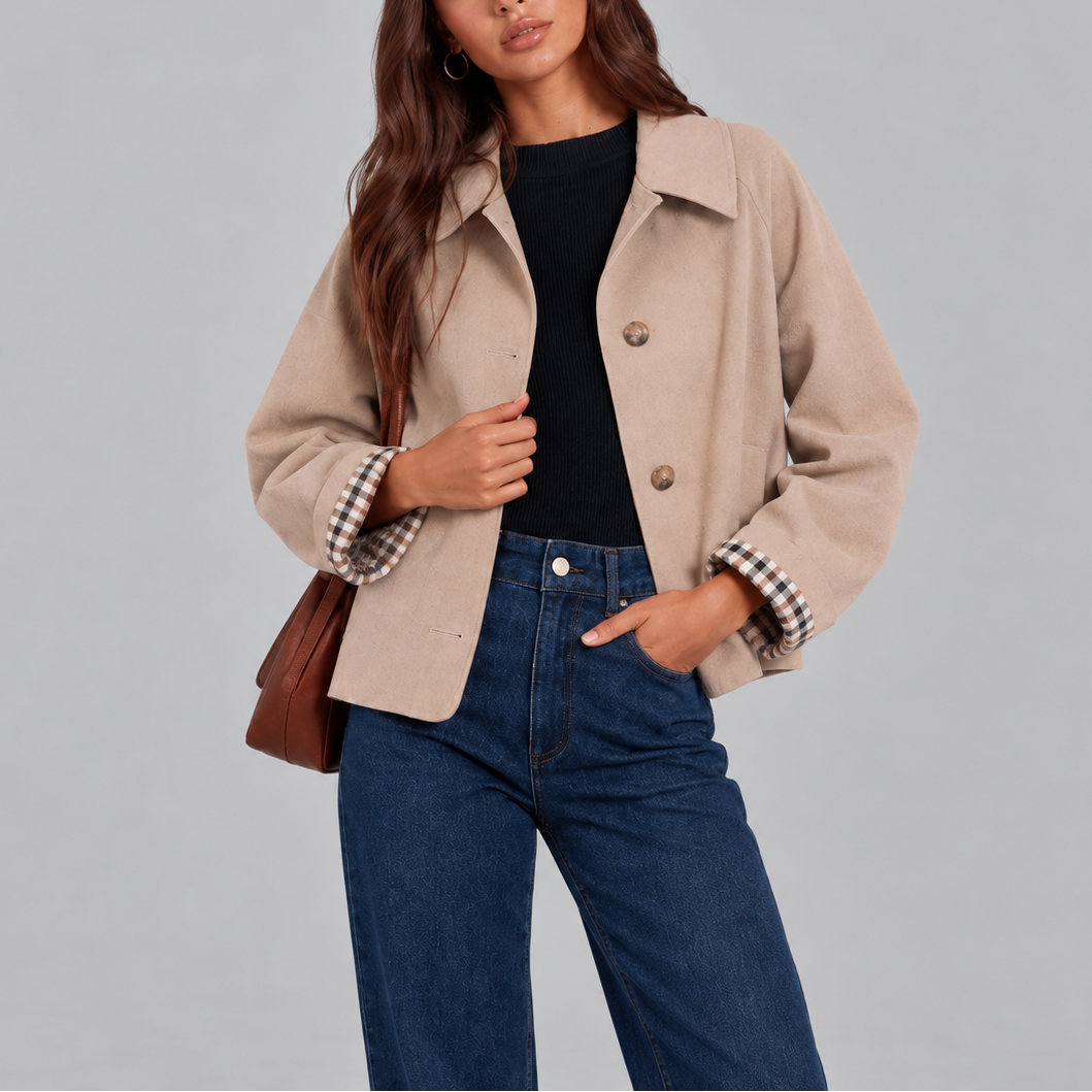 Cropped Trench Jacket with Button Front and Check Cuffs for Women