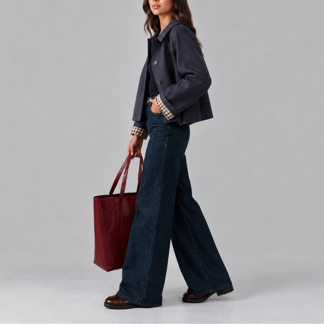 Cropped Trench Jacket with Button Front and Check Cuffs for Women