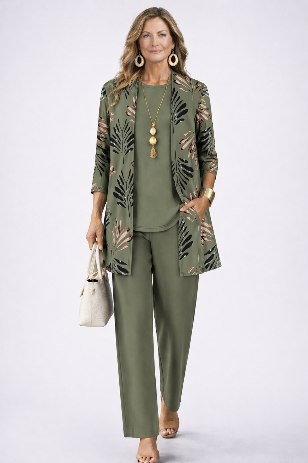 Three Piece Pant Set with Printed Duster Jacket and Top for Women