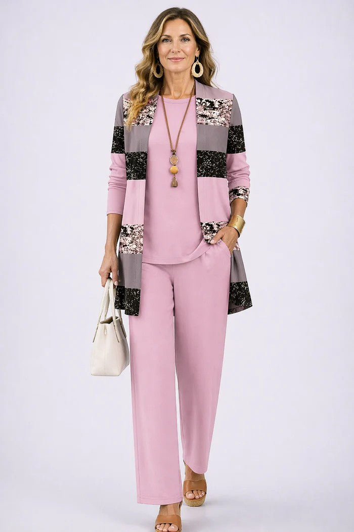 Three Piece Set with Printed Long Jacket and Straight Pants for Women