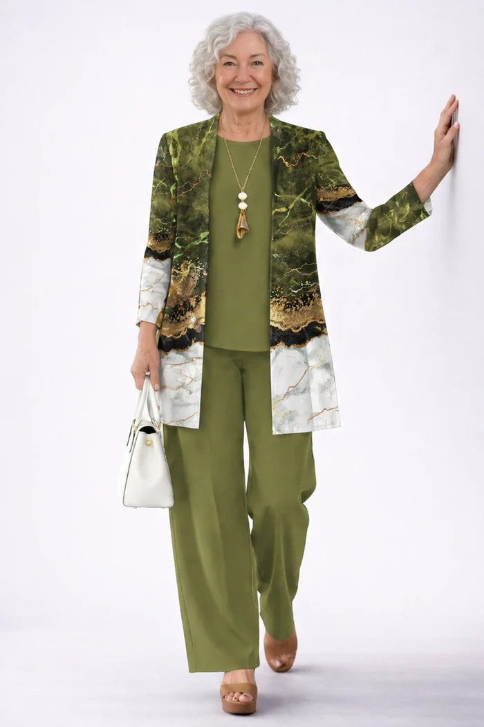 Three Piece Pant Set with Printed Duster Jacket and Top for Women