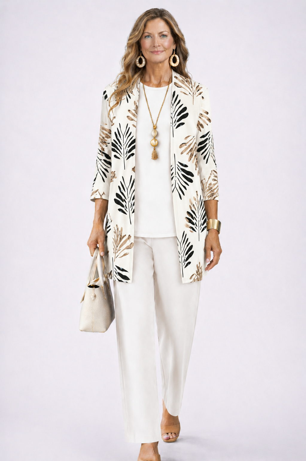Three Piece Set with Printed Long Jacket and Straight Pants for Women