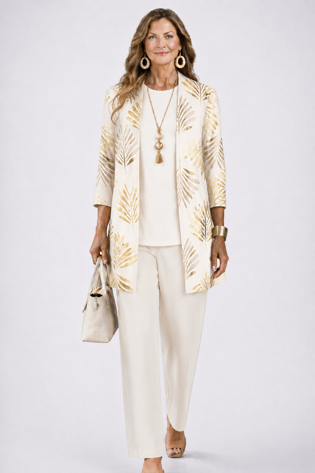 Three Piece Set with Printed Long Jacket and Straight Pants for Women