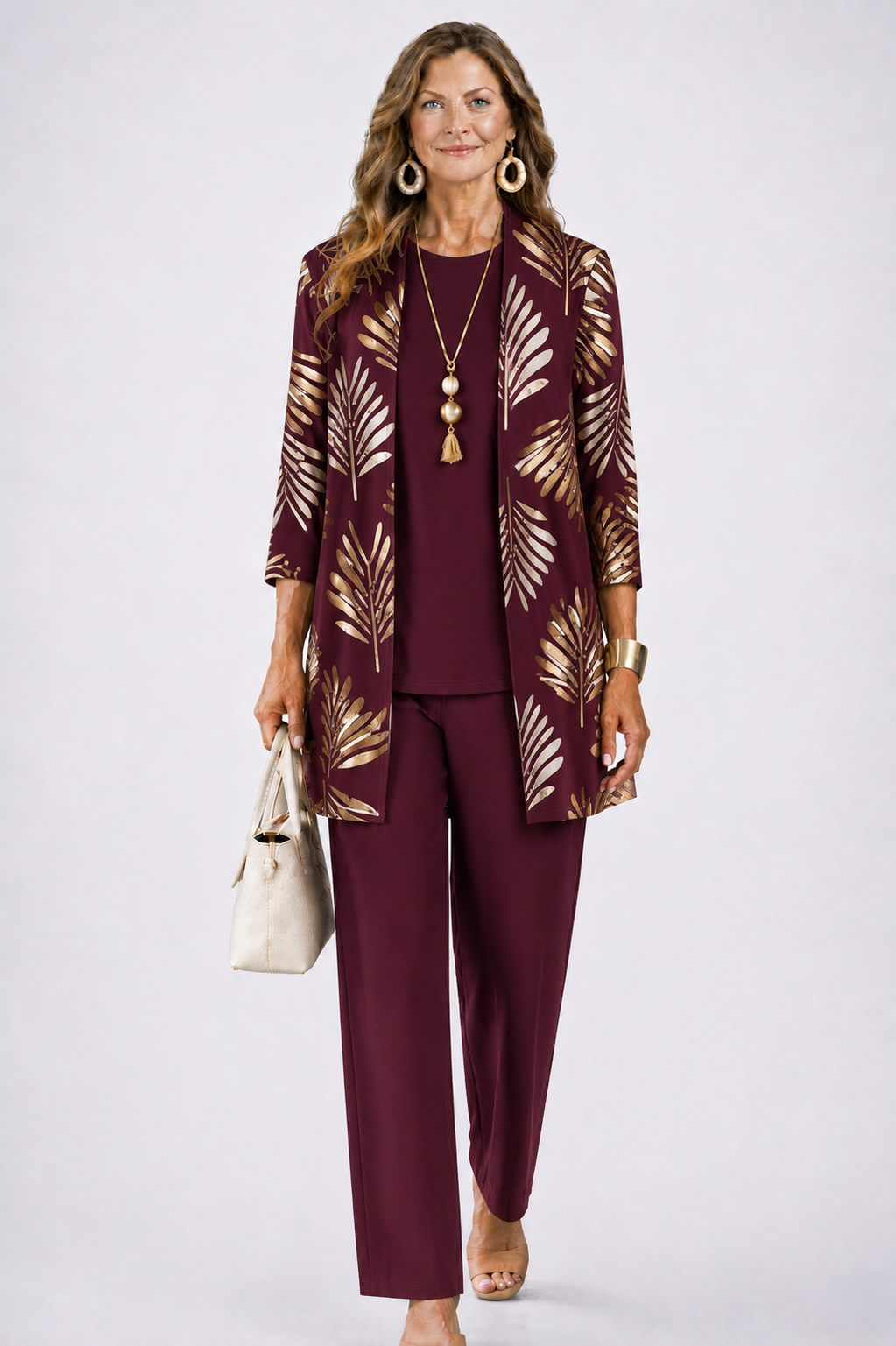 Three Piece Set with Printed Long Jacket and Straight Pants for Women