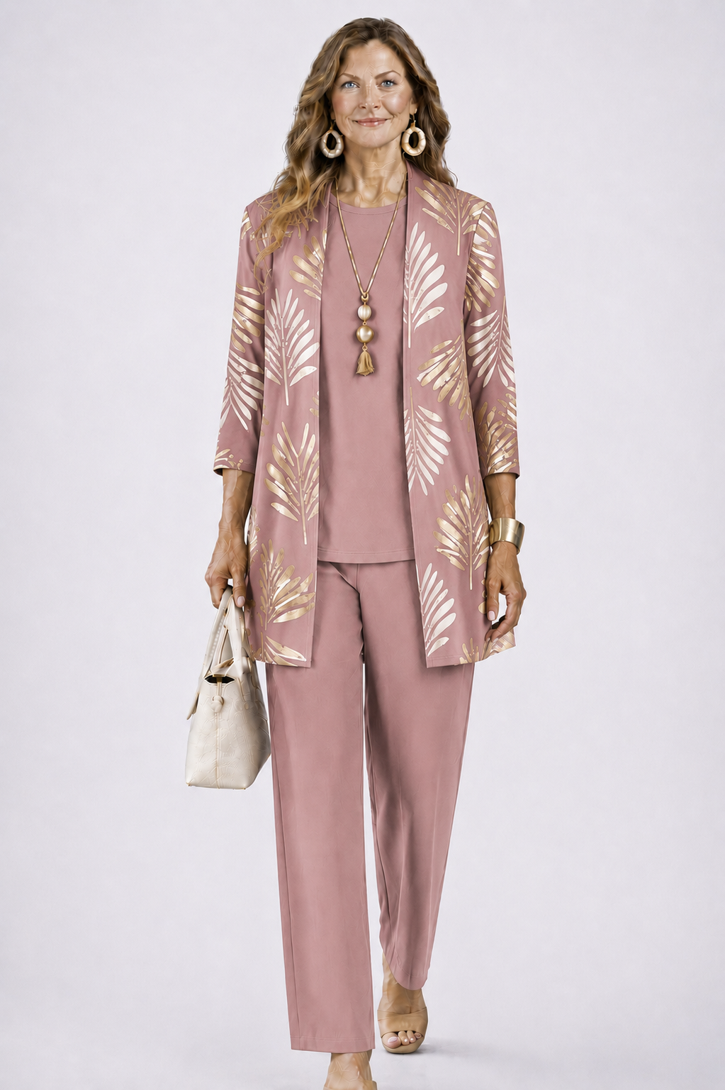 Three Piece Set with Printed Long Jacket and Straight Pants for Women