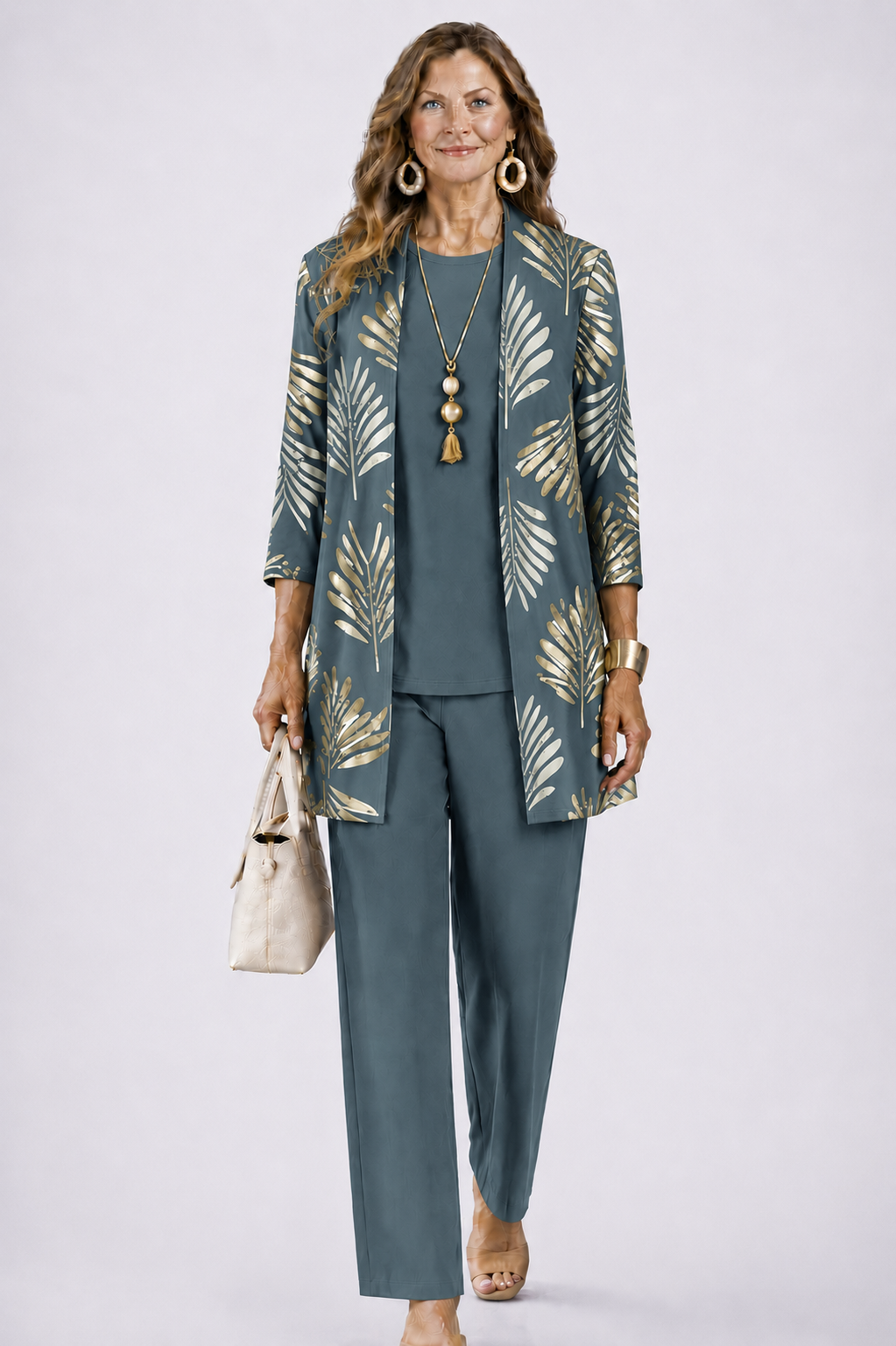 Three Piece Set with Printed Long Jacket and Straight Pants for Women