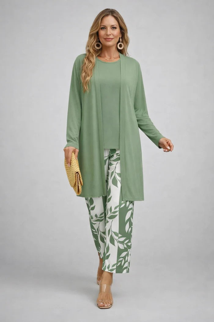 Three Piece Set with Printed Long Jacket and Straight Pants for Women