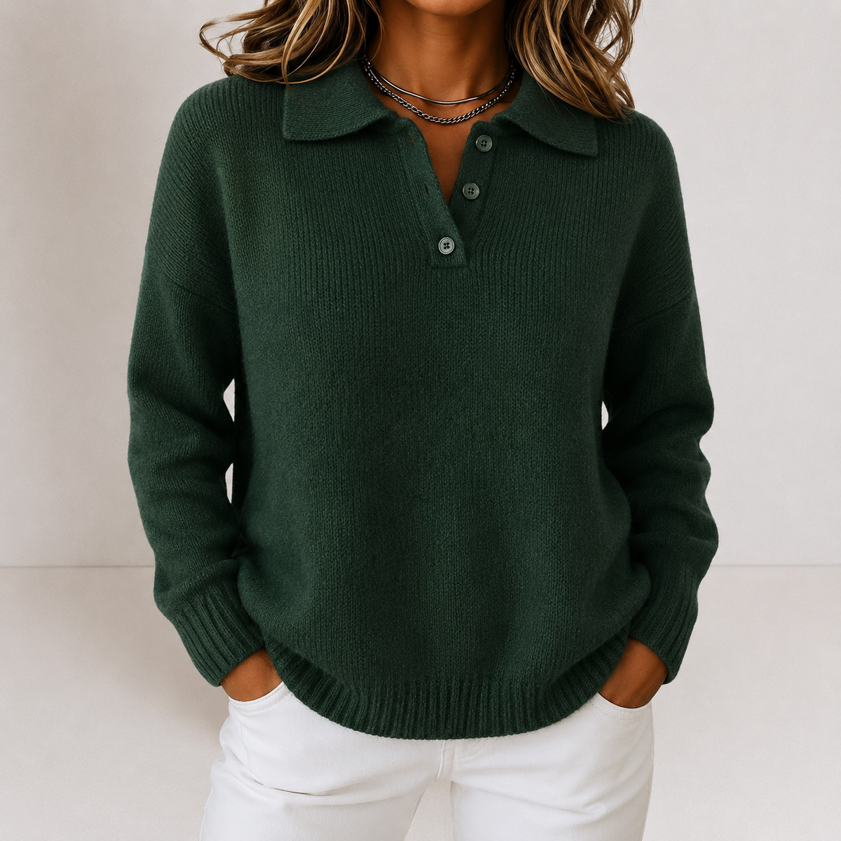 Polo Collar Sweater with Button Placket and Relaxed Fit for Women
